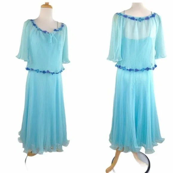 Miss Elliette California 60s Chiffon Dress and Cape VNTG Style 1948B Sky Blue 10 - Picture 2 of 13